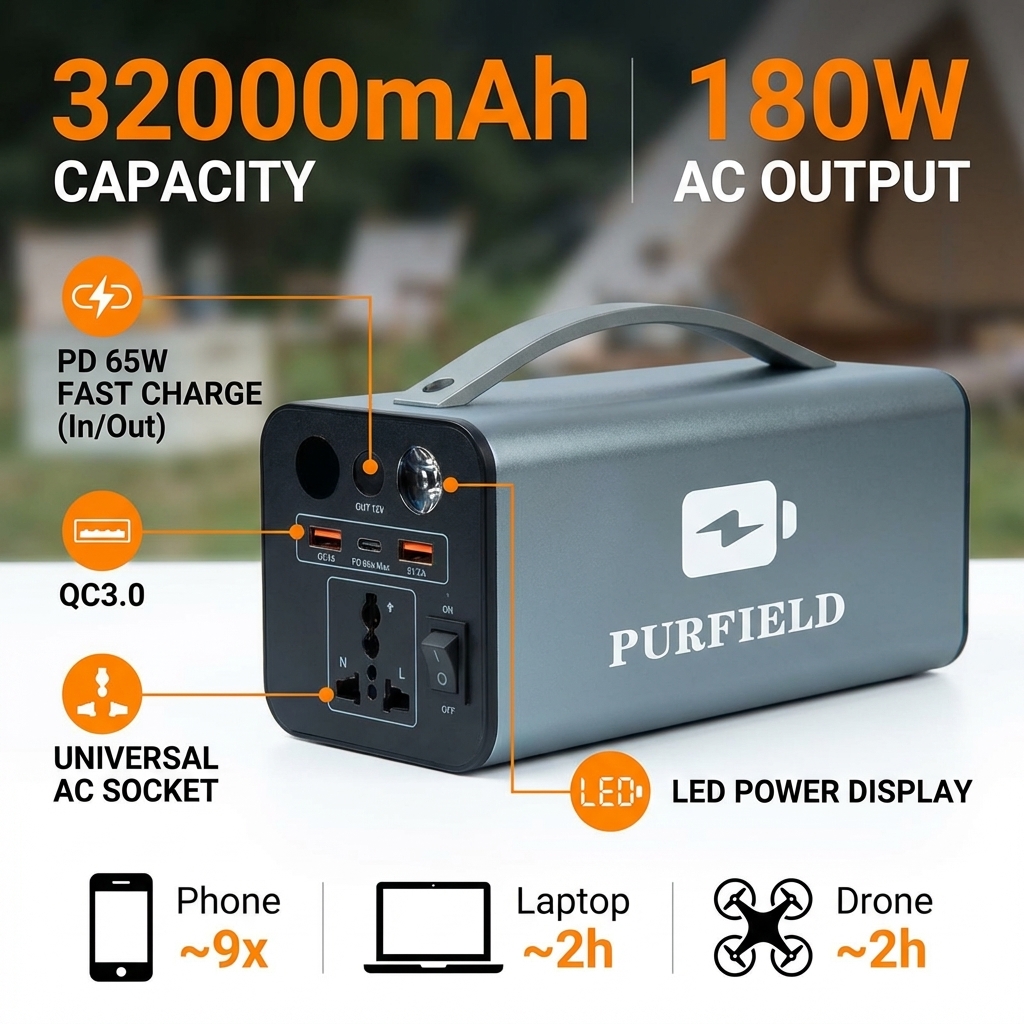 Outdoor Camping Set - 180W Outdoor Power Station 32000mAh 118.4Wh
